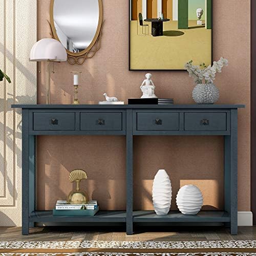 FRANSOUL Rustic Brushed Texture Console 4 Drawer and Lower Open Bottom Shelf,Solid Wood Sofa Table for Living Room Entryway Hallway,Antique Navy, 60.24 Inch Shop